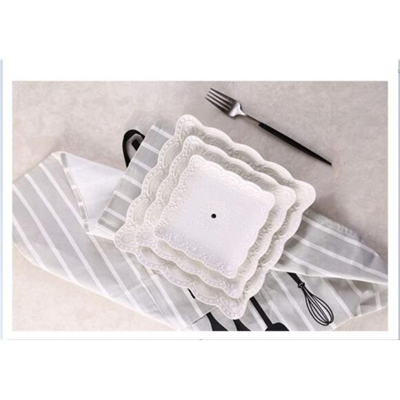 3 Tier Porcelain Cupcake Stand, Tiered Serving Cake Stand, Square White Embossed - Picture 4 of 7